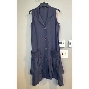 FOR CYNTHIA Sleeveless Collared Button Front Asymmetrical Hem Dress Blue Size S